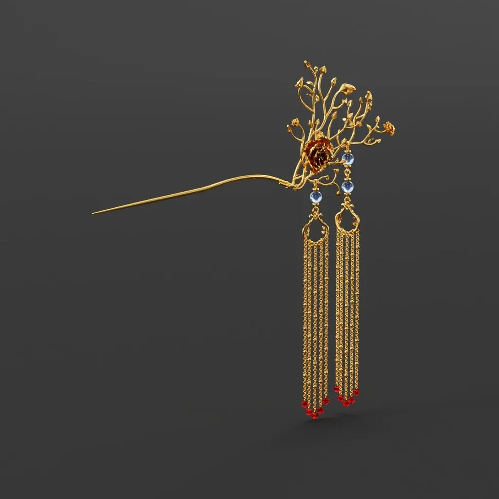 Golden Rose Hair Pin With Chain Tassels