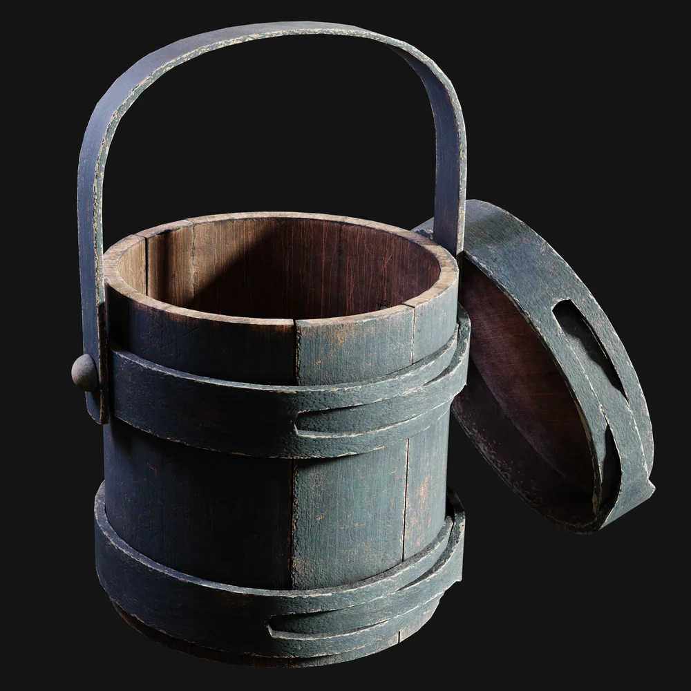 Coopered Wooden Pail With Lid Painted