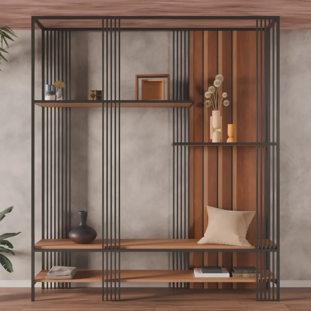Wood And Black Metal Shelves.