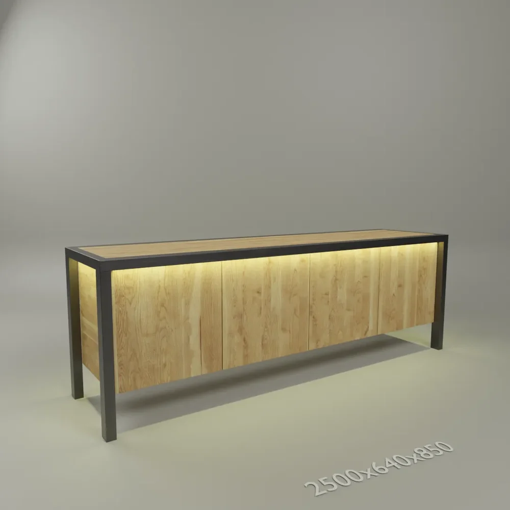 Sideboard Oak Wood Black Steel Led