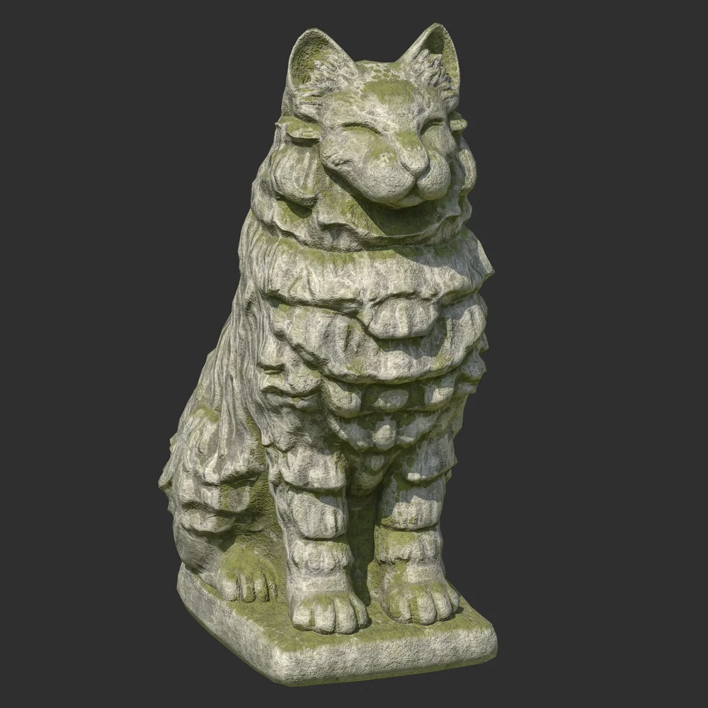 Furred Cat Stone Moss Statue