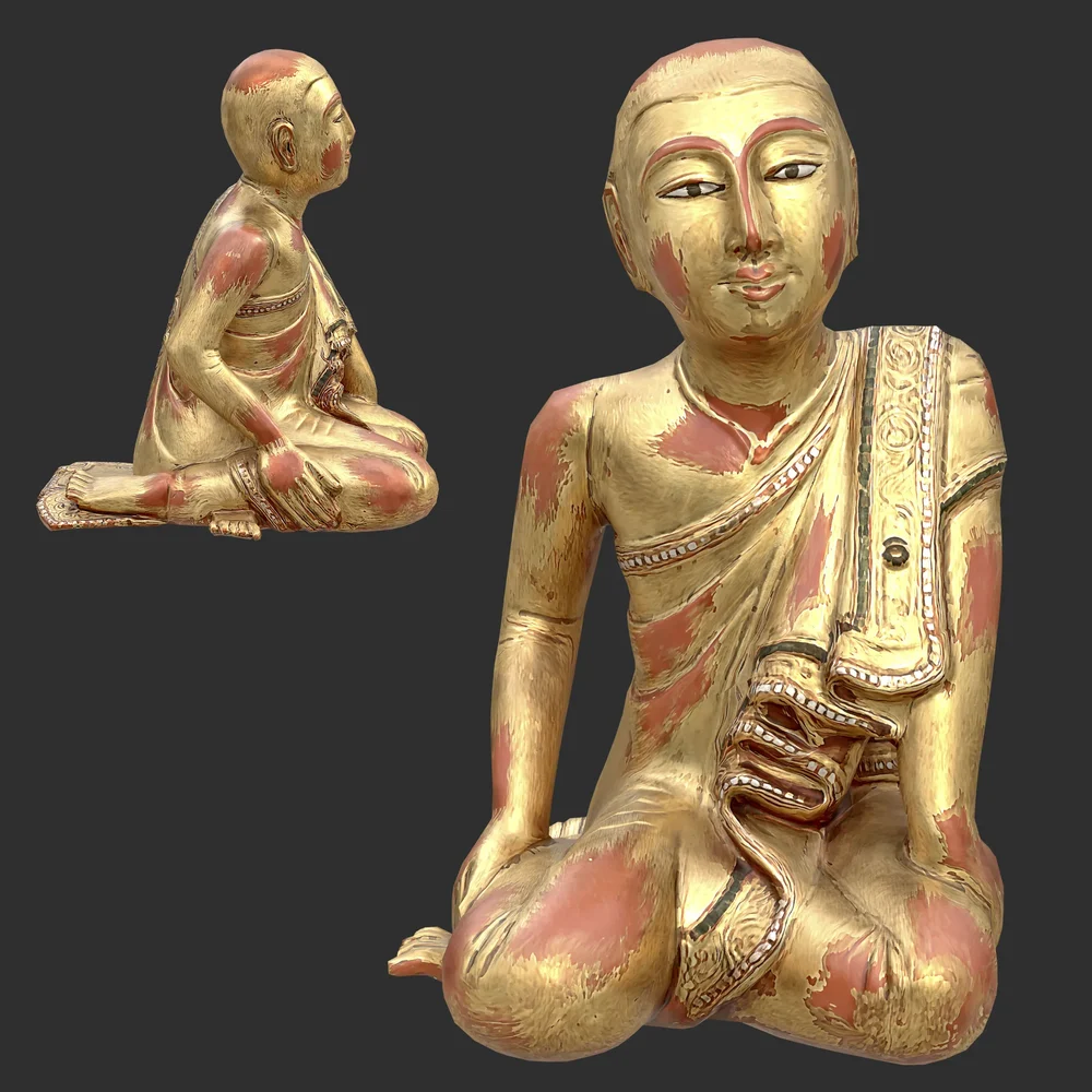 Antique Burmese Monk Statue Gilt Wood