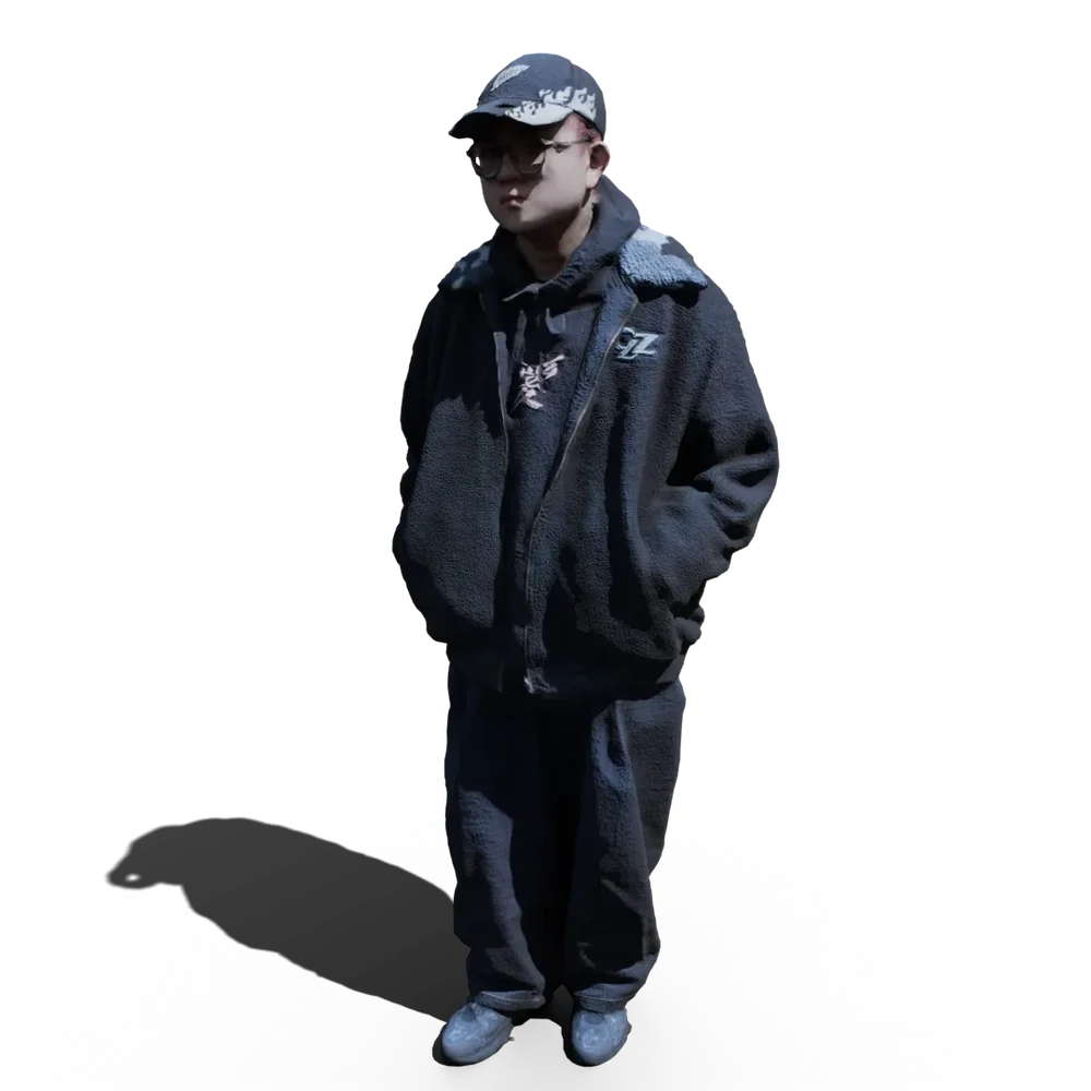 Standing Boy With Black Sweater And Cap