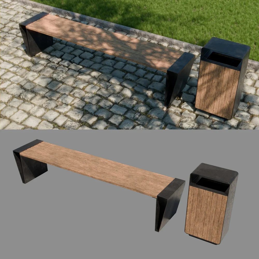 Minimal Bench Wirh Trash Bin