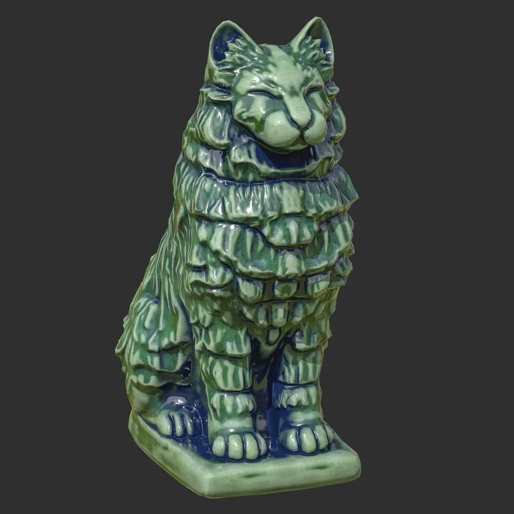 Furred Cat Porcelain Green Statue