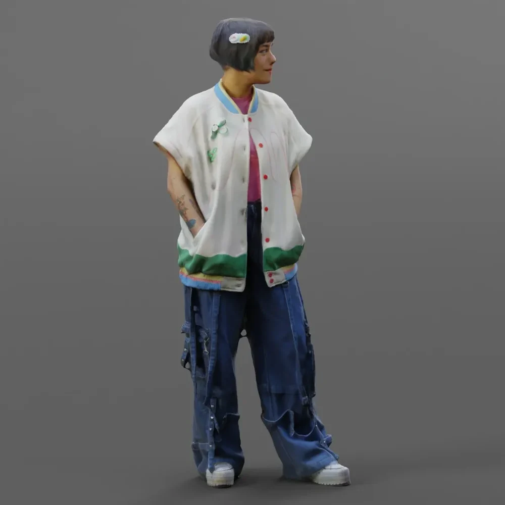 Standing Cute Girl White Jacket Jeans