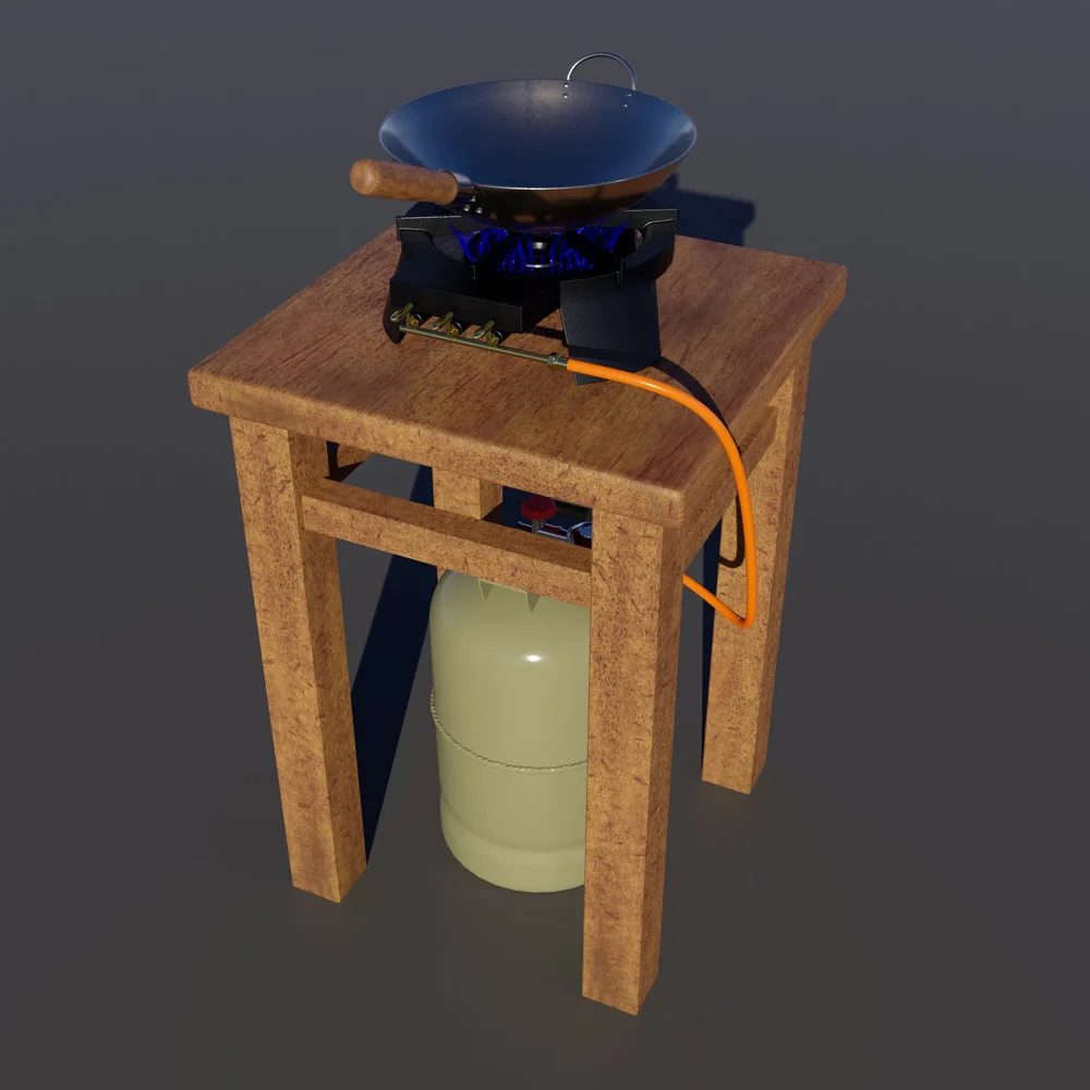 Simple Cooking Area With Gas Cooker, Gas Bottle And Wok.