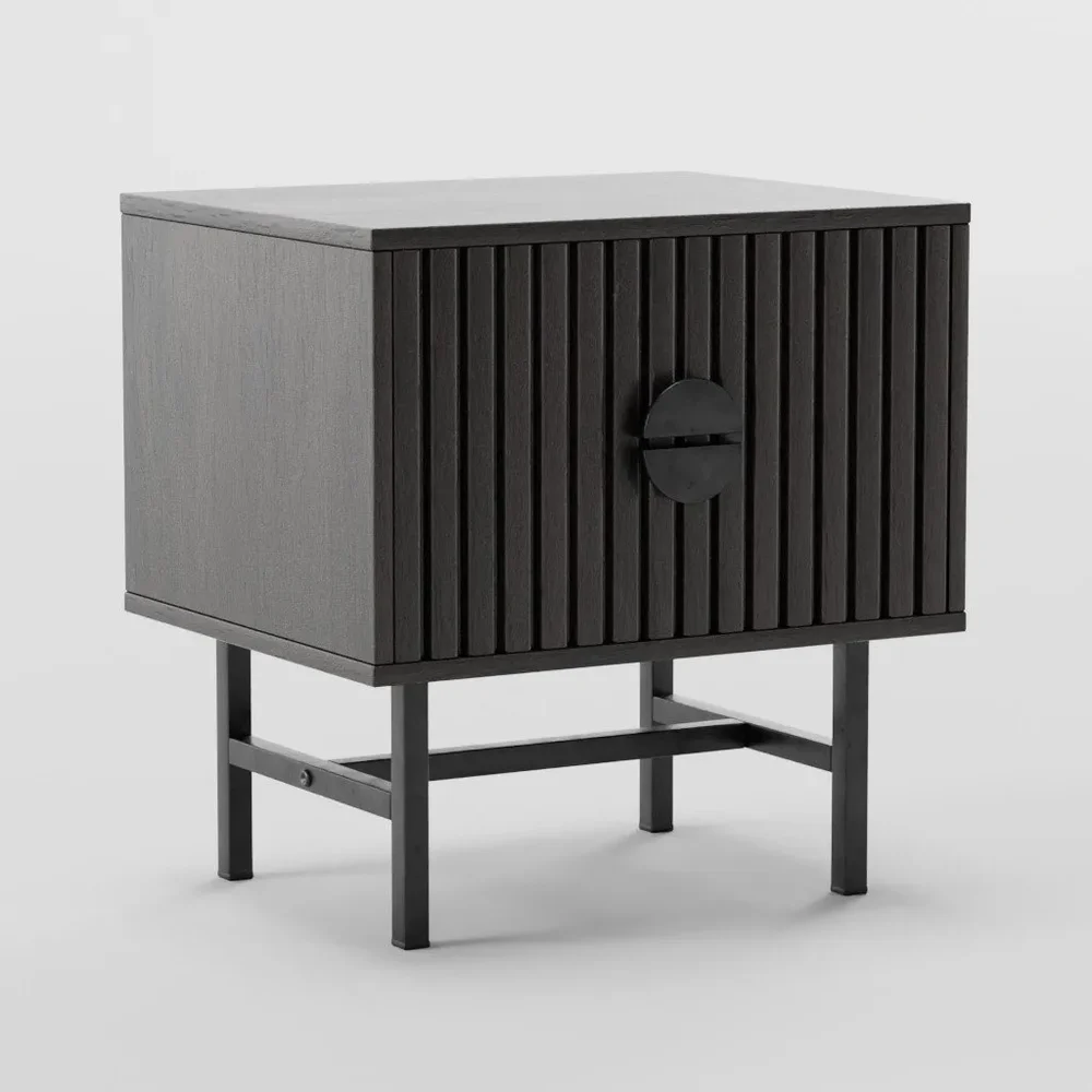 Grooved Wood And Steel Side Table