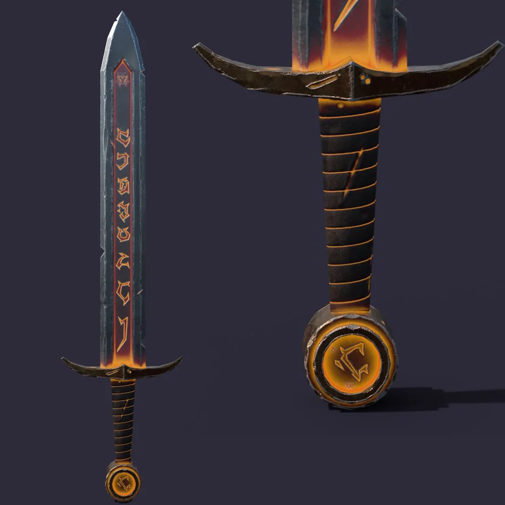 Engraved Medieval Sword Lava Game Ready