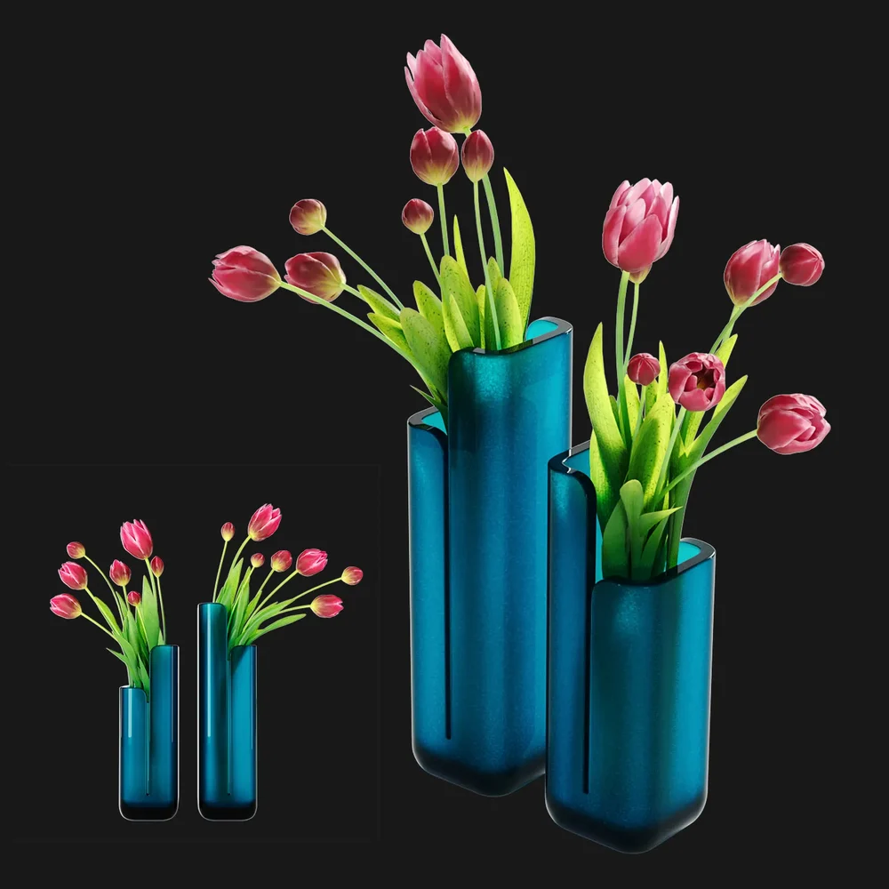 Modern Blue Glass Vases With Tulips