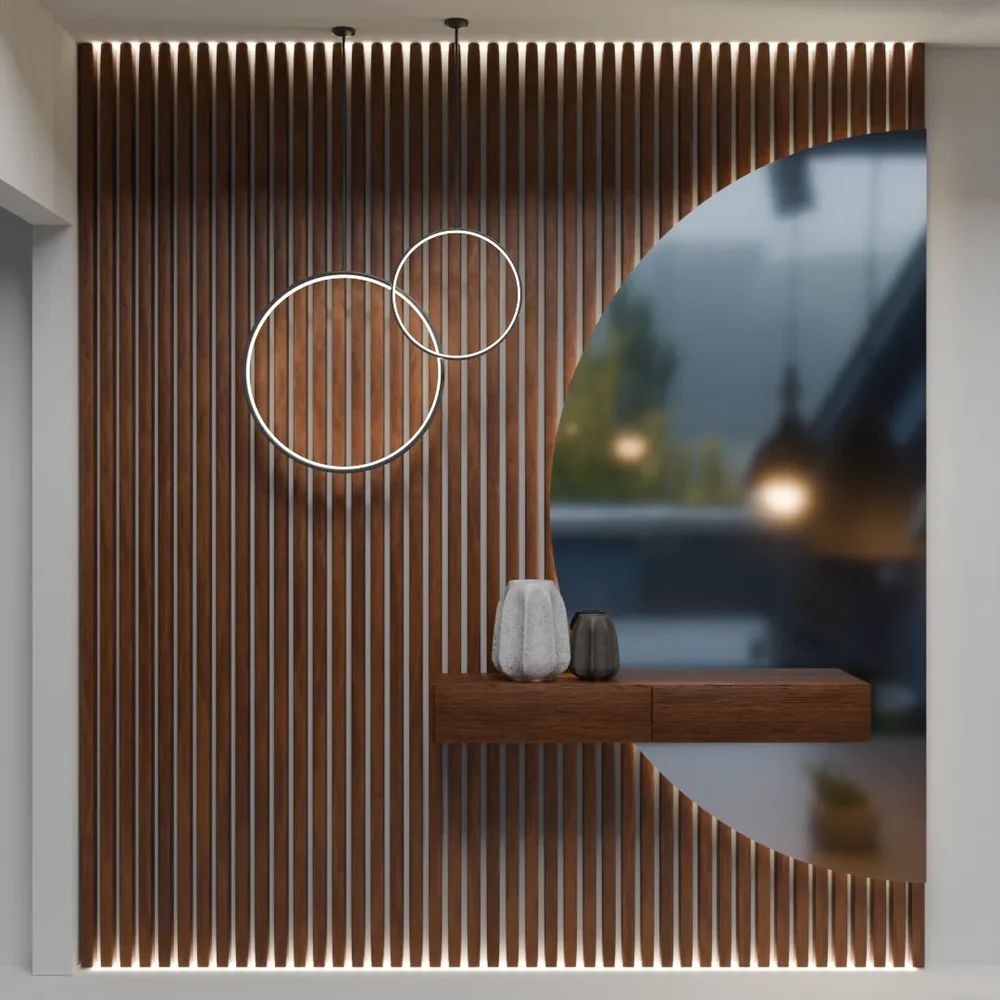 Modern Feature Wall Wood Paneling With Mirror, Light And Decoration