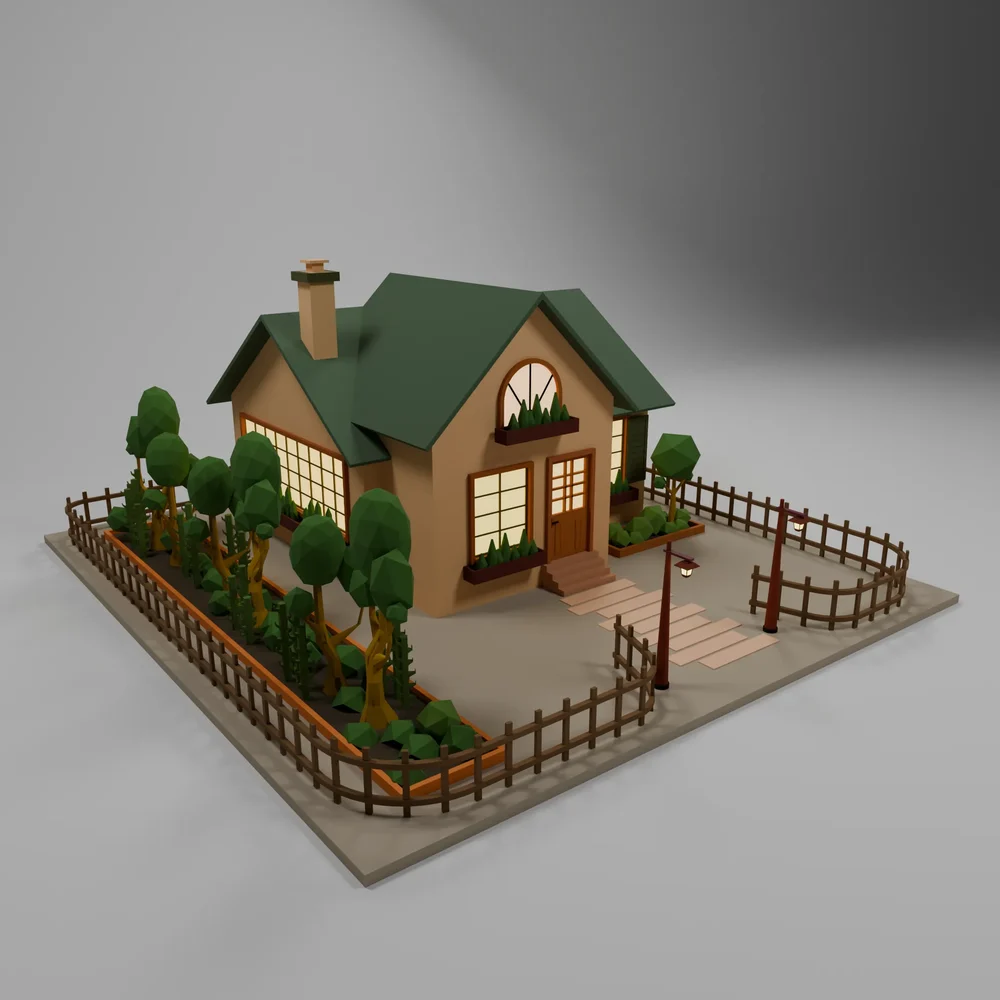 Low Poly Stylized House With Garden