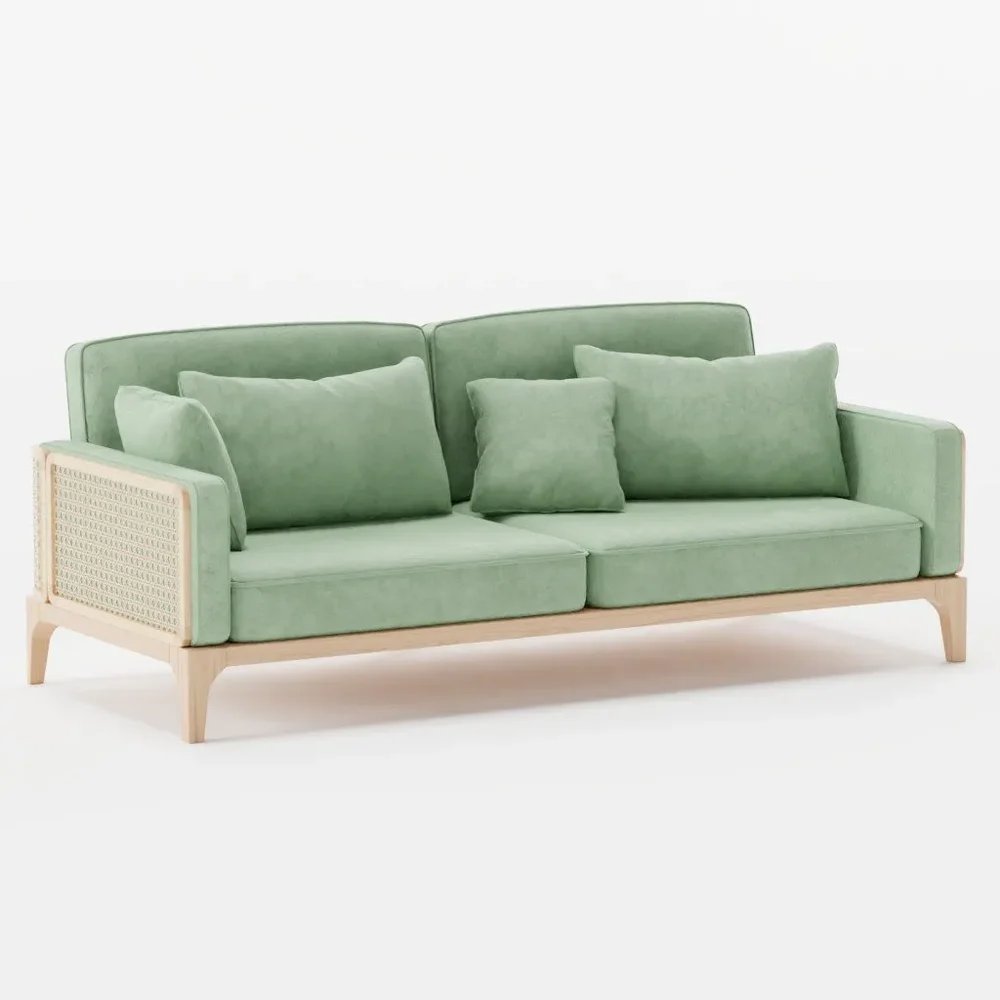 Sofa With Rattan Wood As Handrest