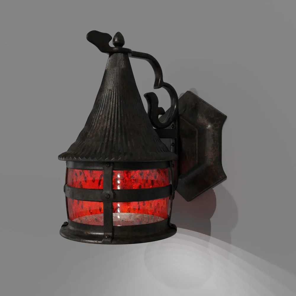 Old Wall Lantern With Red Glass.