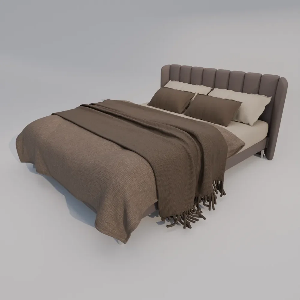 Modern Upholstered King Size Bed With A Padded Headboard, Dressed In Taupe And Beige Bedding For A Stylish Look