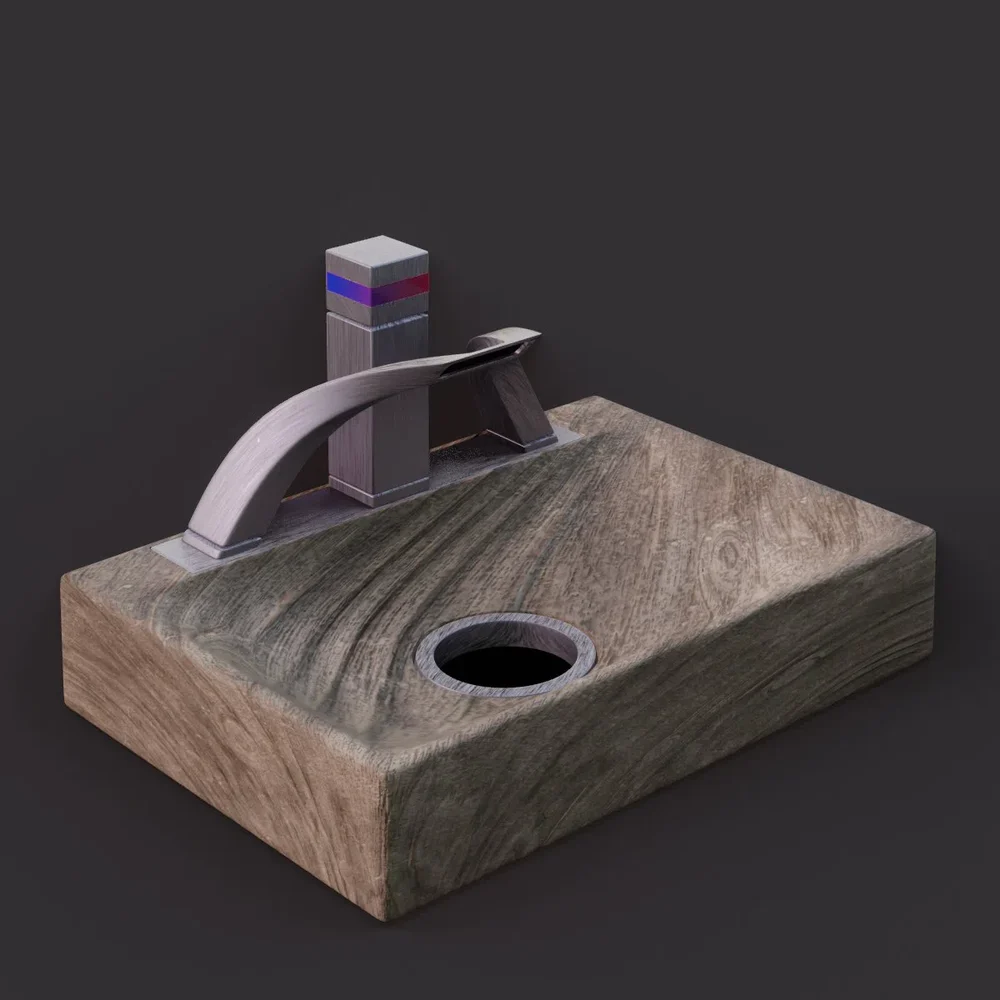 Wooden Basin With Brushed Metal Tap