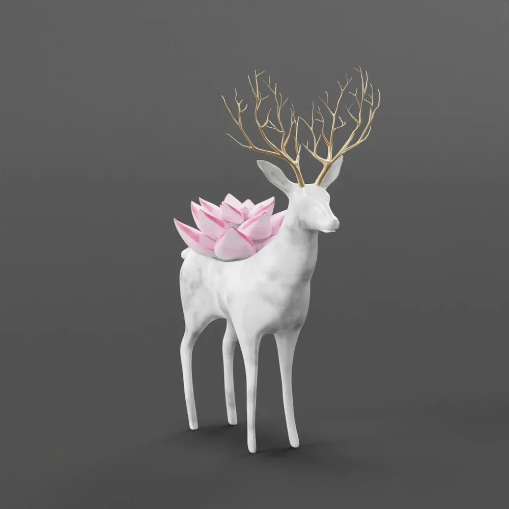 Pink Succulent On Marble Deer Vase